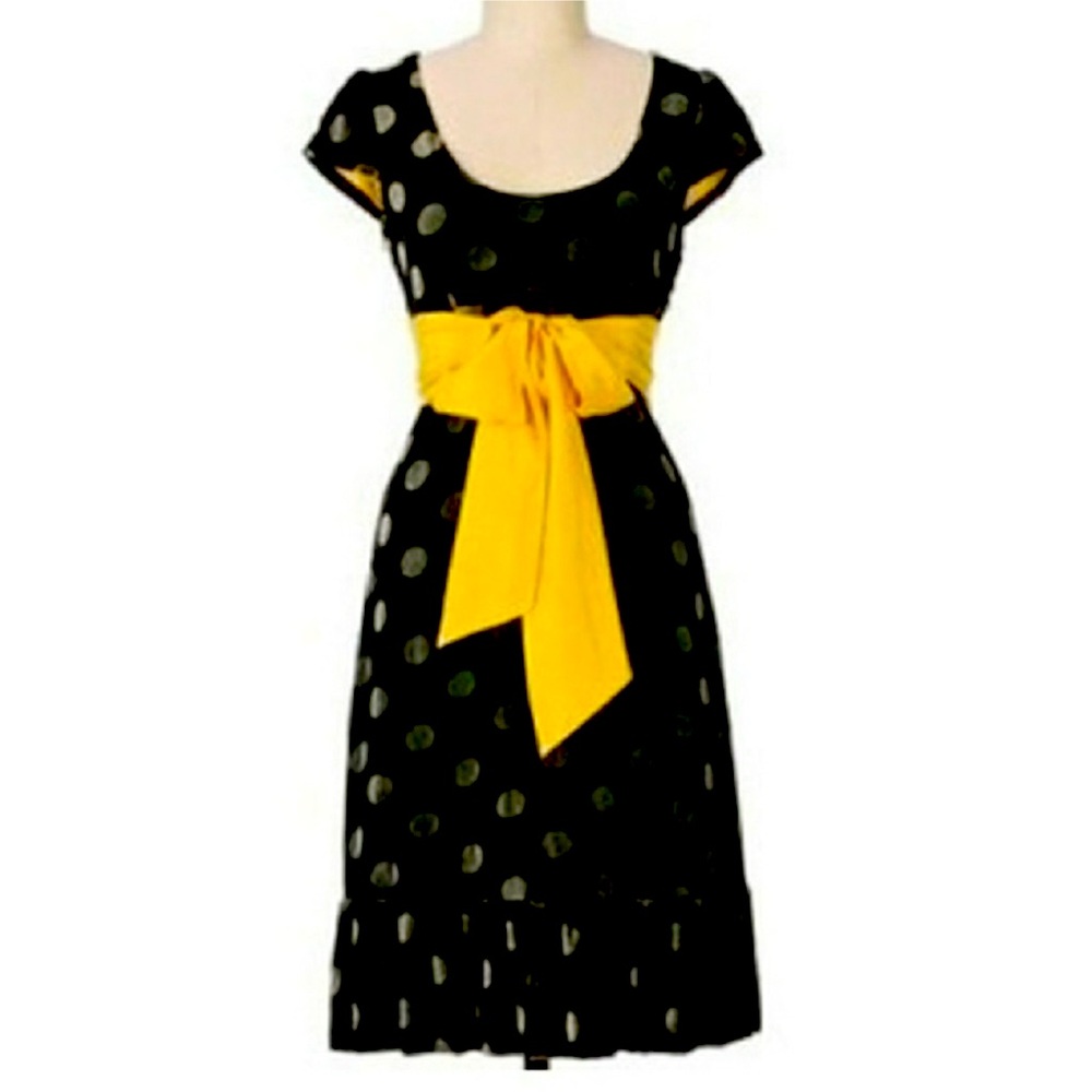 Anthropologie silk black gold flounce Velvet Polkadot Dress with silk sash